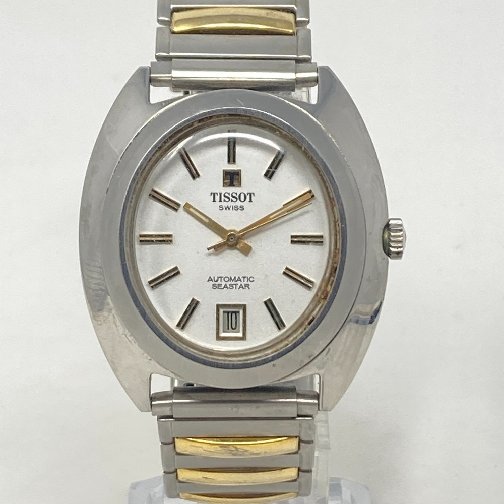 Vtg Tissot Seastar Mens Watch Automatic 37mm Silver Gold Tone Date Swiss 7.75"